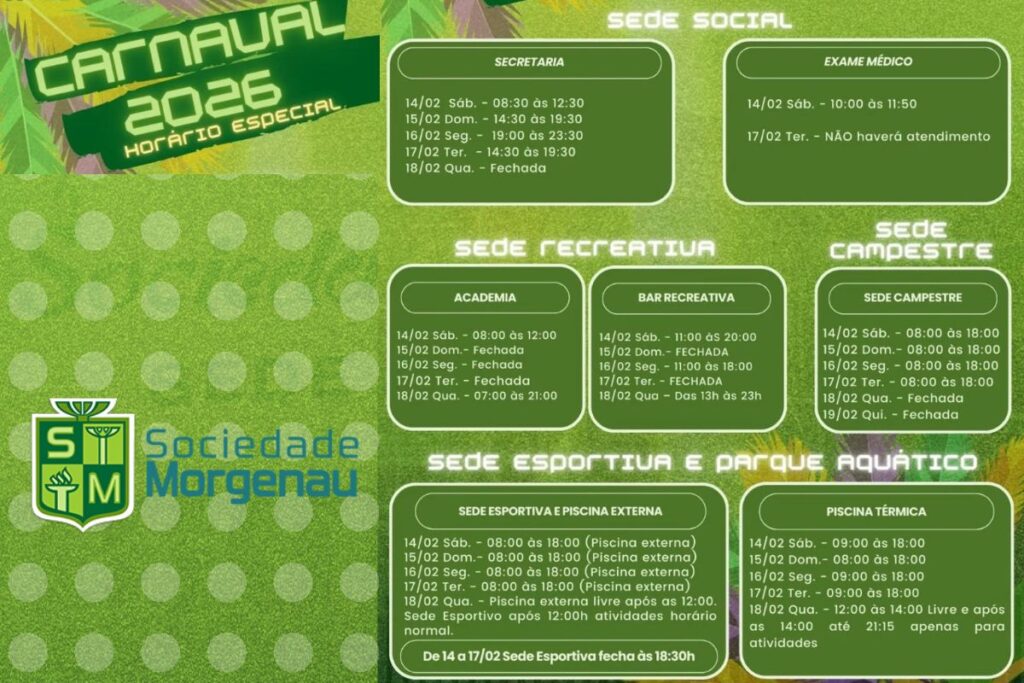 Confira os horários especiais de funcionamento do Clube durante o Carnaval